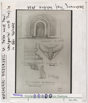 Vorschaubild Reichenau, Niederzell: St. Peter und Paul, Westportal und Profile in der Vorhalle. Zeichnung Wolfgang Schöne 1929 